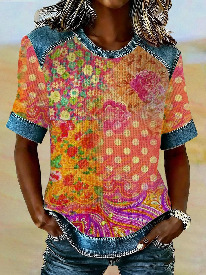 Women's Casual Retro Floral Waffle Color Block T-shirt