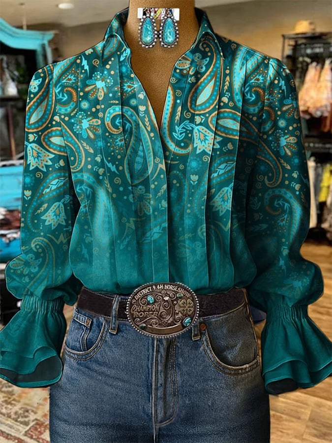 Women's Western Retro Paisley Print Shirt