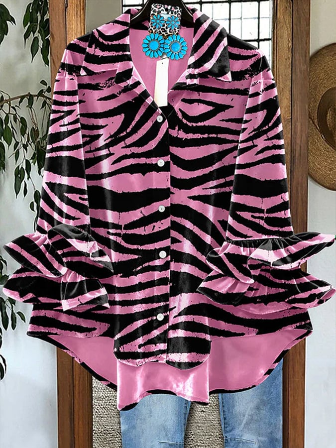 Women'S Casual Lapel Printed Velvet Shirt