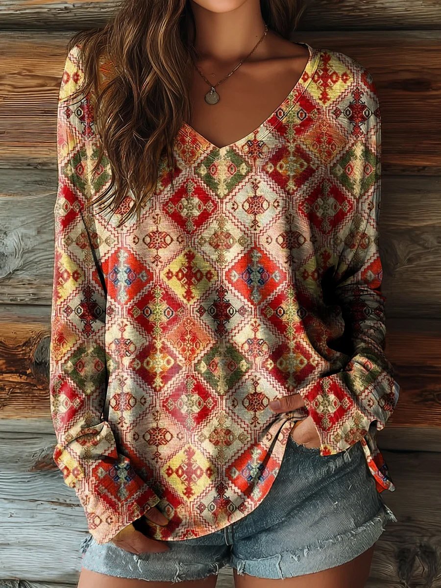 Women's Retro Print Casual V-Neck Long Sleeve T-Shirt
