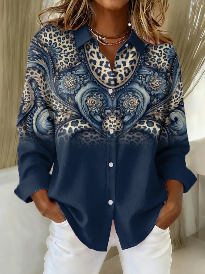 Women's Retro Western Art Print Casual Lapel Shirt