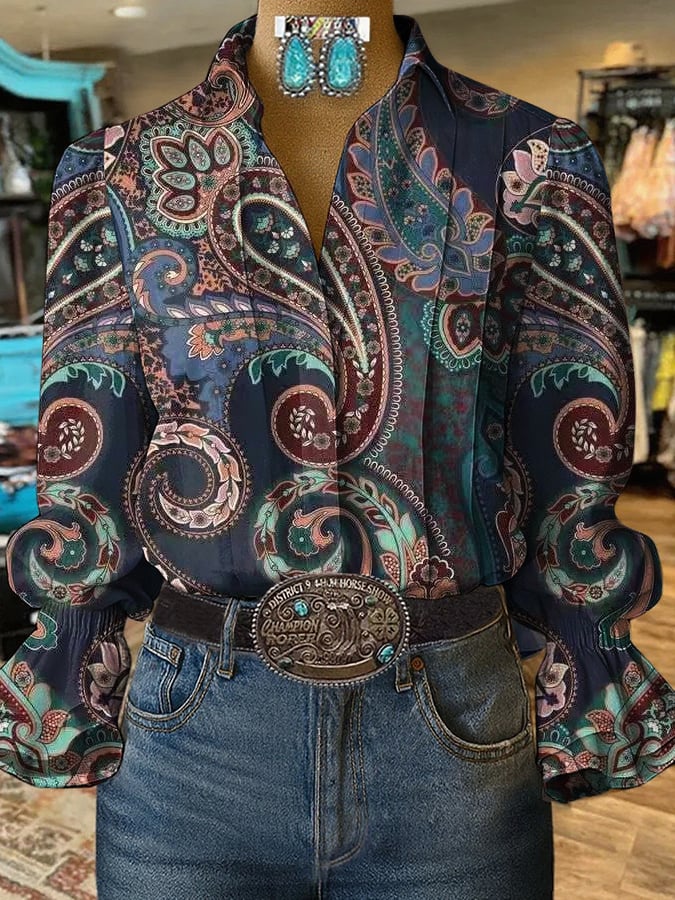 Women's Retro Western Floral Print Shirt