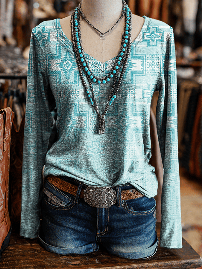 Women's Retro Western Print V-Neck Long Sleeve T-Shirt