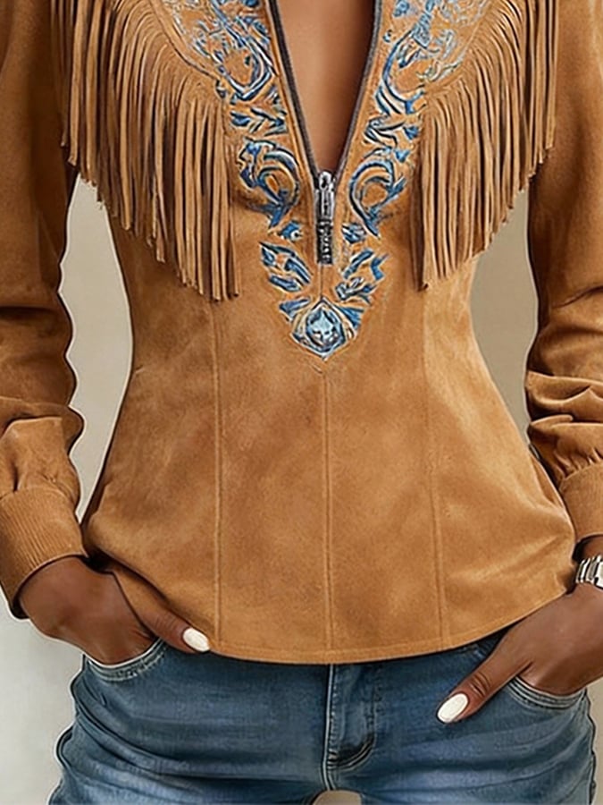 Women'S Vintage Lapel Long-Sleeved Fringed Shirt