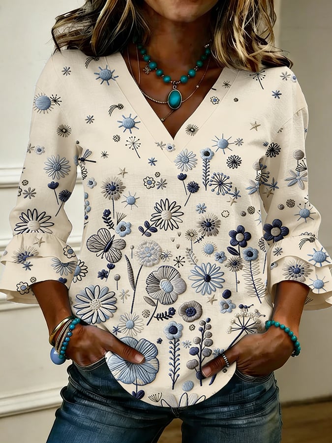 Women's Retro Floral Print Casual V-Neck Ruffle Shirt