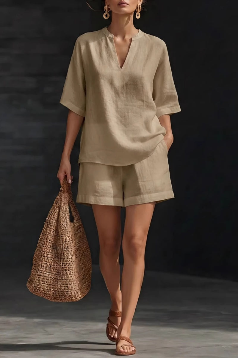 Minimalist Cozy V-neck Shirt And Shorts Linen Cotton Two-piece Set