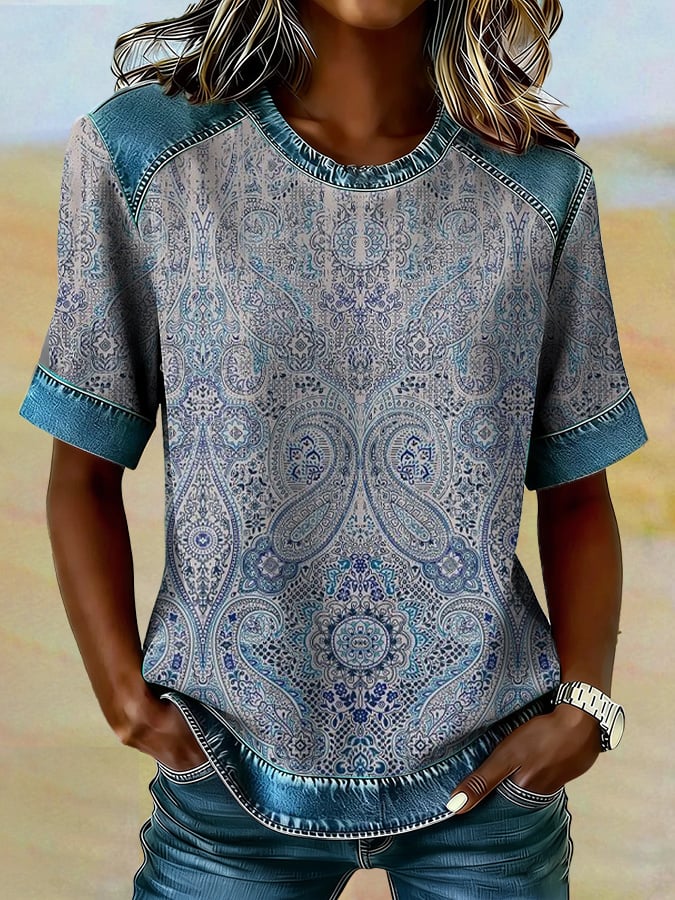 Women's casual retro Western floral T-shirt