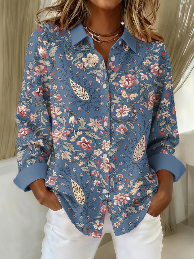 Women's Paisley Art Print Casual Lapel Shirt