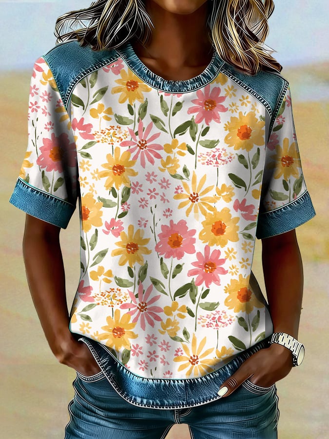 Women's casual retro Western floral T-shirt