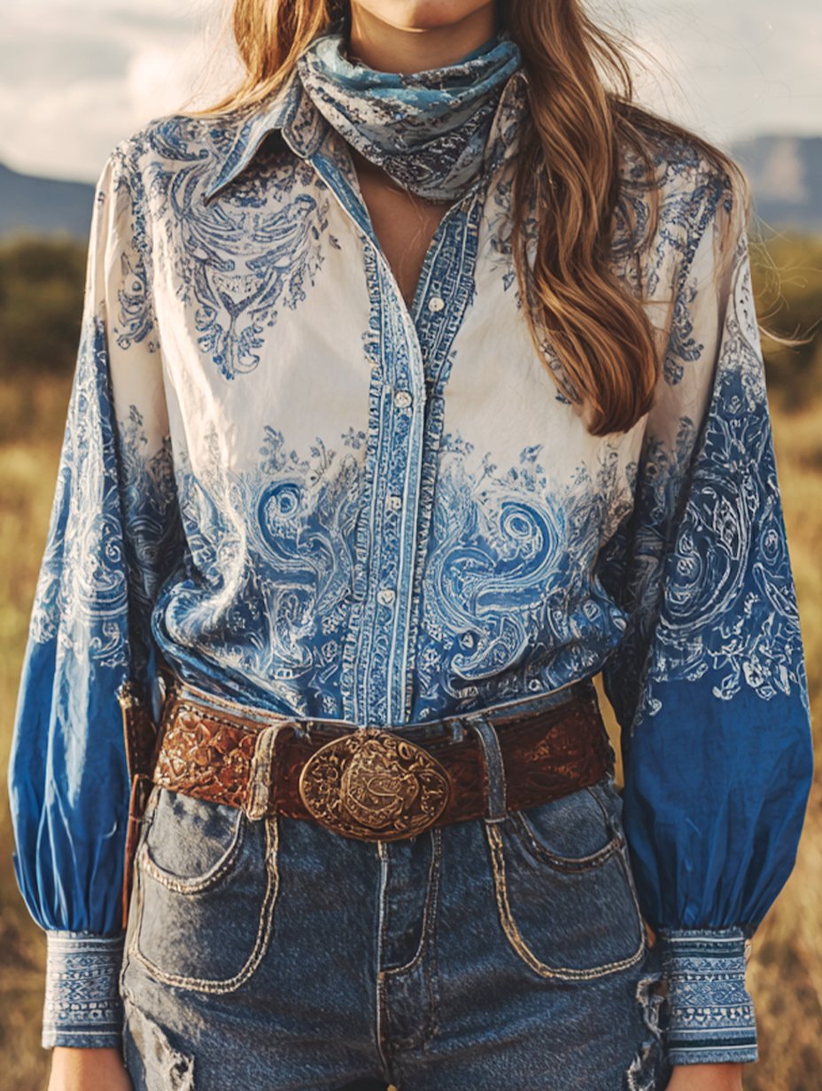 Women's Vintage Casual Western Floral Long Sleeve Shirt