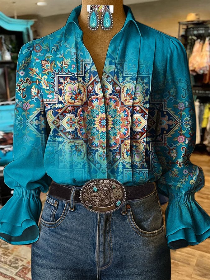 Women's Retro Casual Western Puff Sleeve Shirt