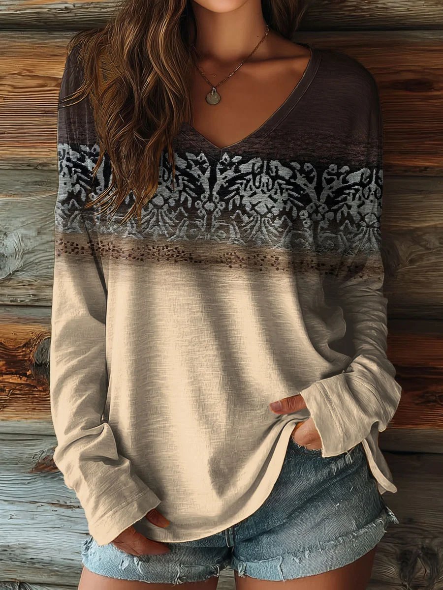 Women's Retro Print Casual V-Neck Long Sleeve T-Shirt