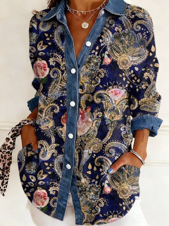Women's casual retro Western floral waffle-knit shirt