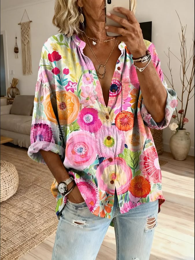 Women's Retro Floral Button Shirt