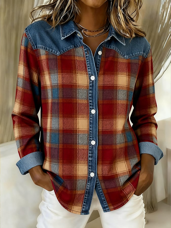 Women's Casual Western Denim Patchwork Plaid Shirt
