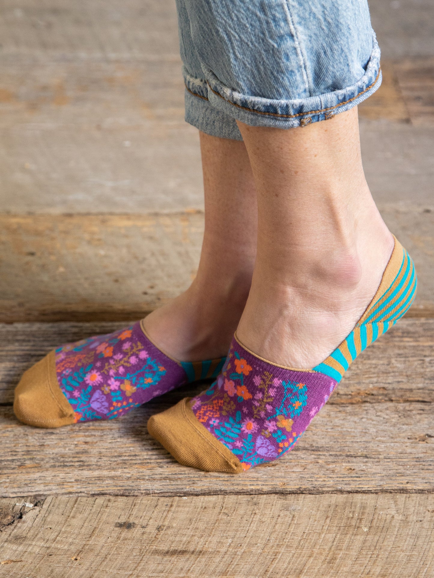 No Show Socks, Set of 2 - Dark Turquoise Floral