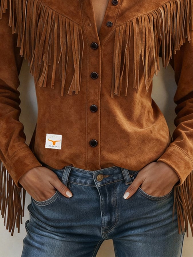 Women's Retro Collared Long-Sleeved Tassel Shirt
