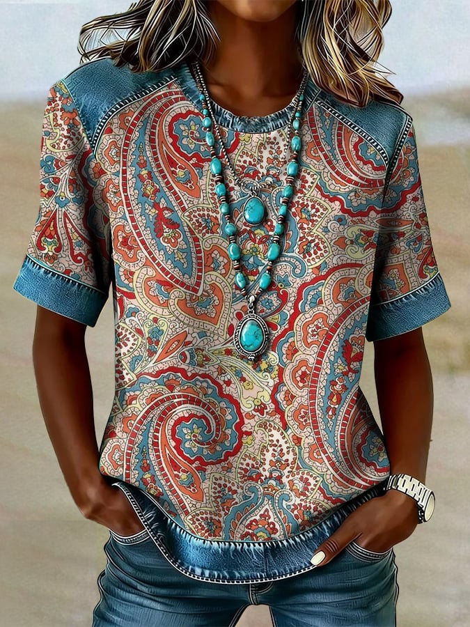 Women's casual retro Western floral T-shirt