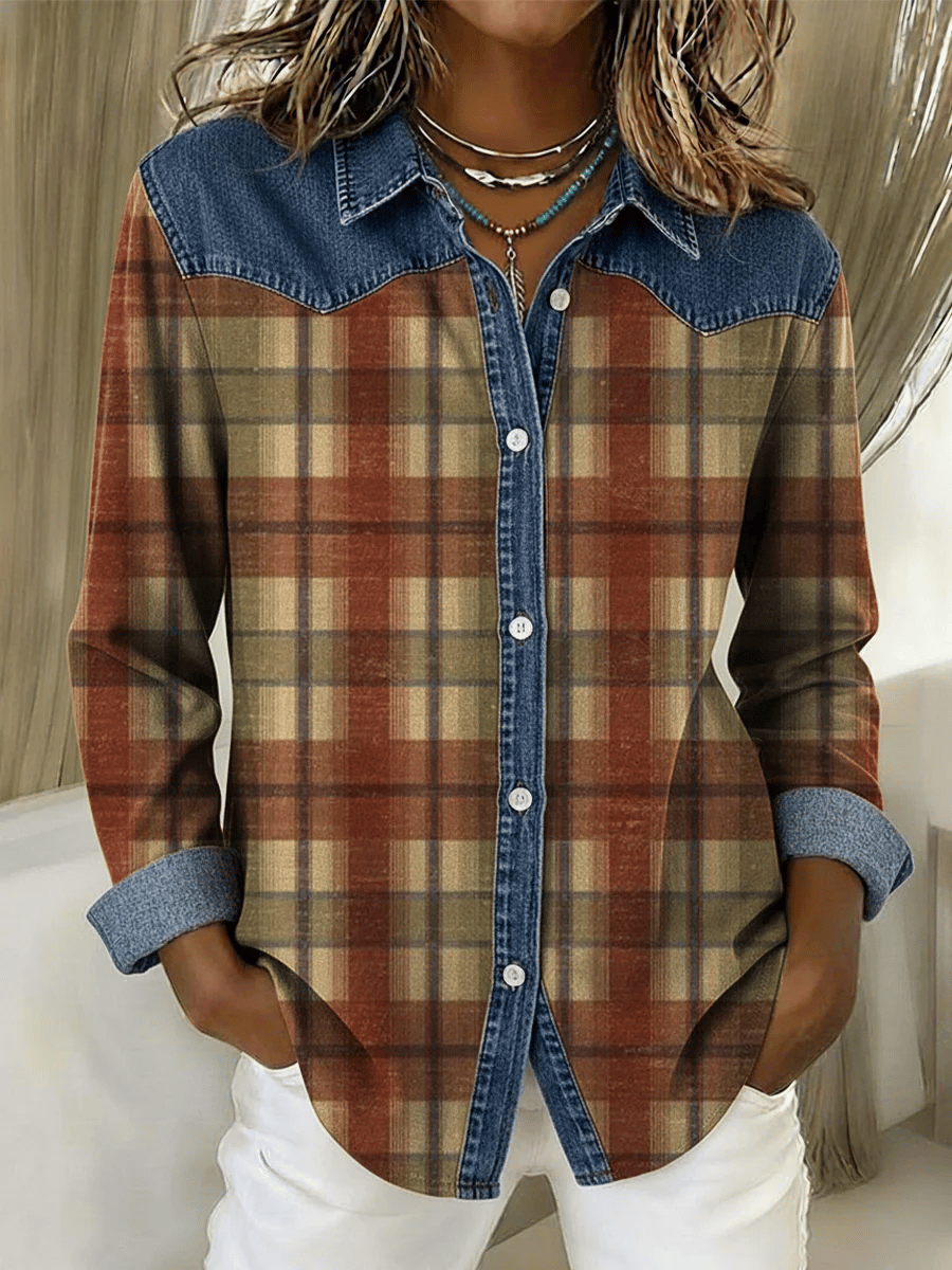 Women's Vintage Plaid Pattern Denim Patchwork Blouse