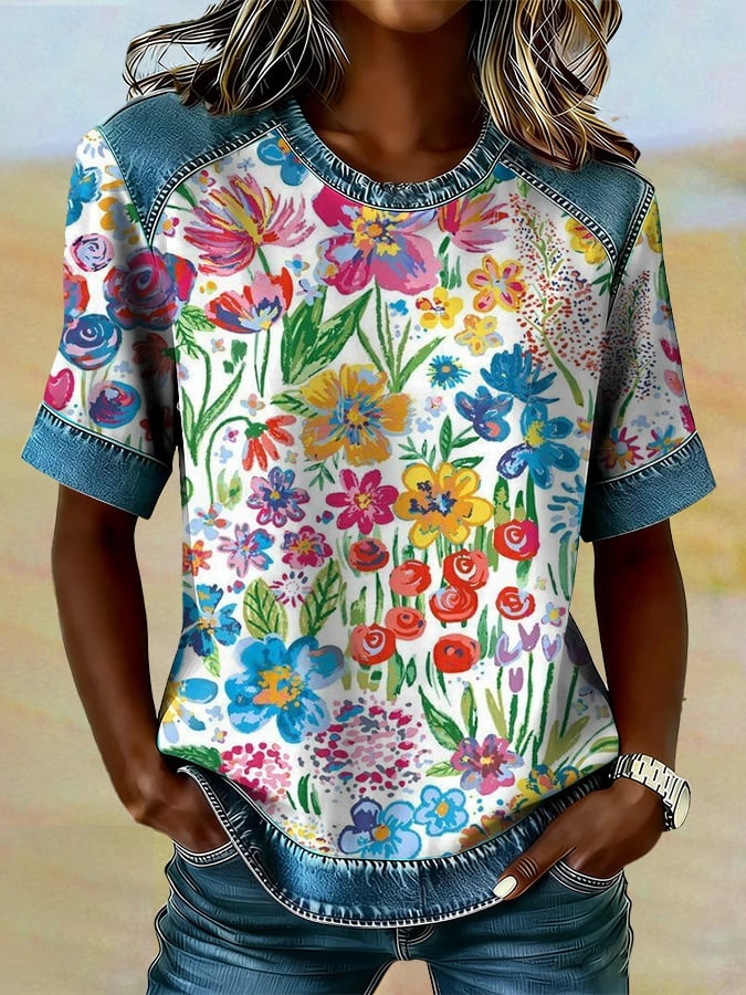 Women's casual retro Western floral T-shirt