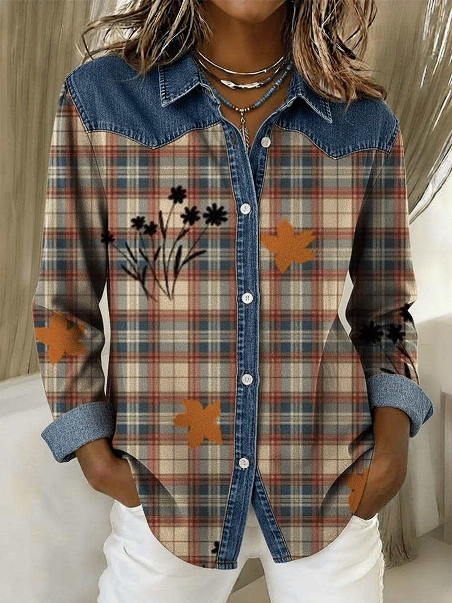 Women's Vintage Plaid Pattern Denim Patchwork Blouse