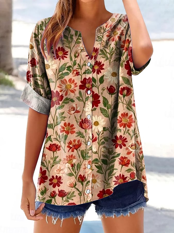 Women's Retro Floral Print Button-Down Shirt