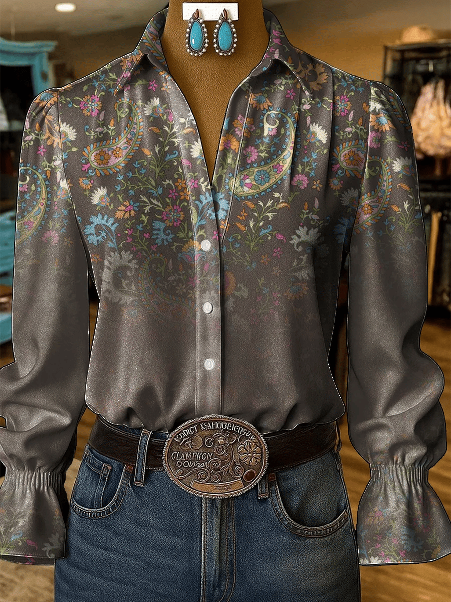 Women's Western Retro Flowers Printed Shirt