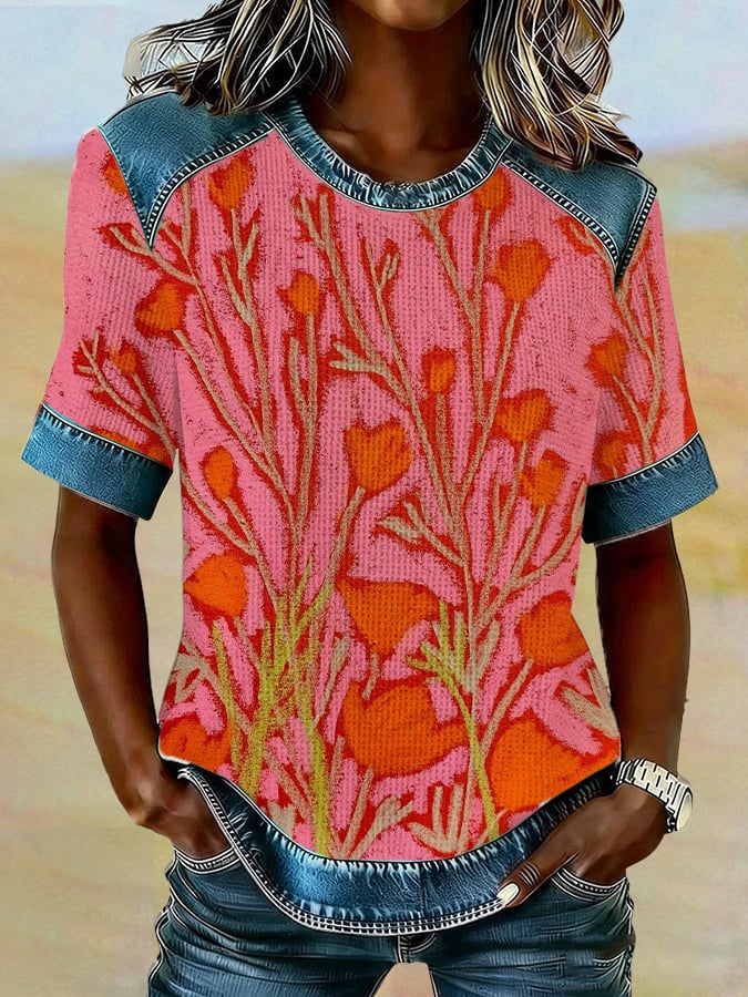 Women's Casual Retro Floral Waffle Color Block T-shirt