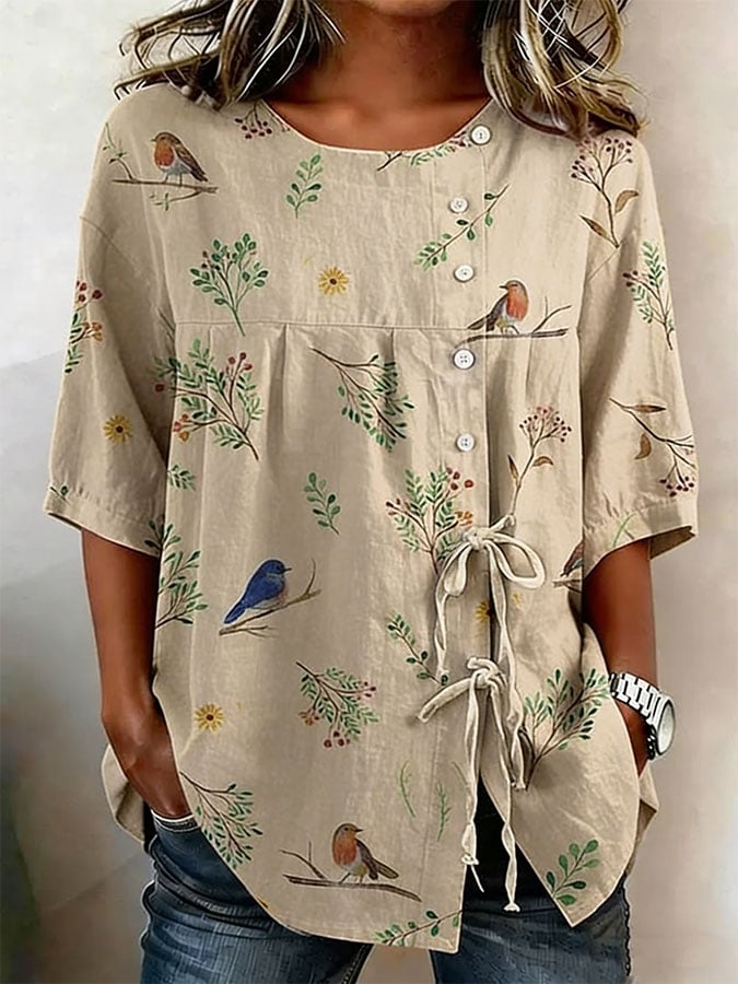 Women's Retro Floral Button Lace Up Tie Shirt