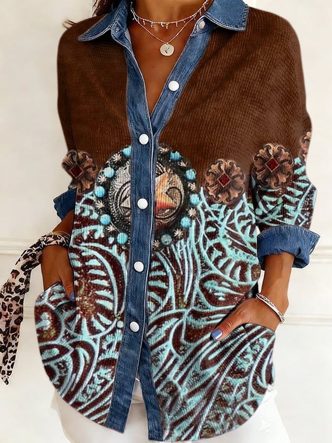 Women's casual retro Western floral waffle-knit shirt