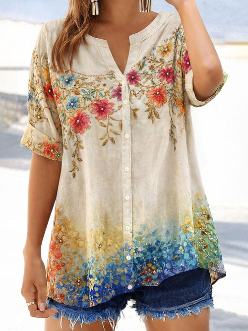 Women's Retro Casual Floral Art Print Short-Sleeve Shirt
