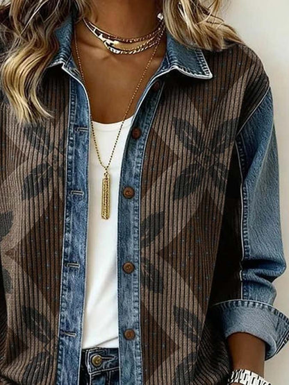 Women'S Casual Lapel Printed Color-Block Spliced Shirt