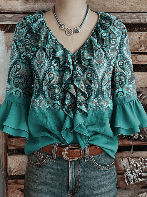 Women's Western Vintage Art Floral Print Shirt