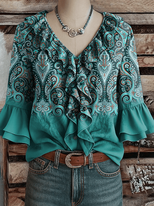 Women's Western Vintage Art Floral Print Shirt