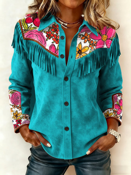 Women's Western Retro Tassels Print Vintage Tassel Long Sleeves Shirt