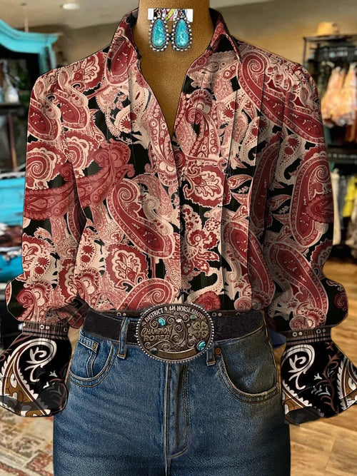 Women's Western Vintage Floral Art Print Shirt