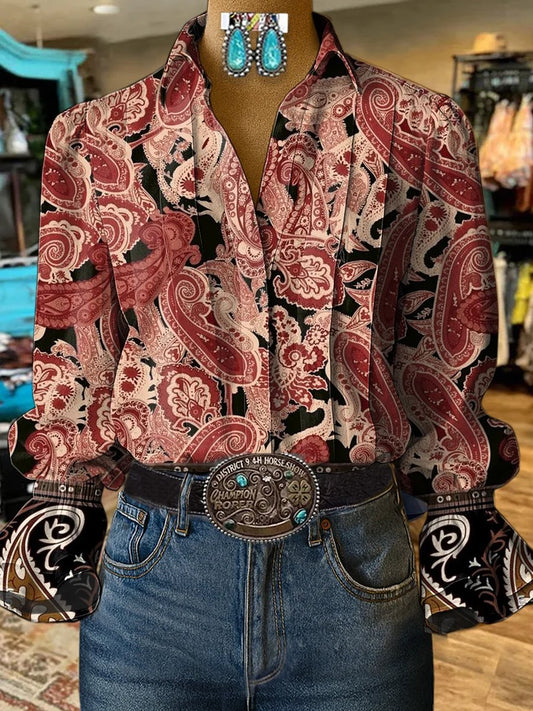 Women's Western Vintage Floral Art Print Shirt