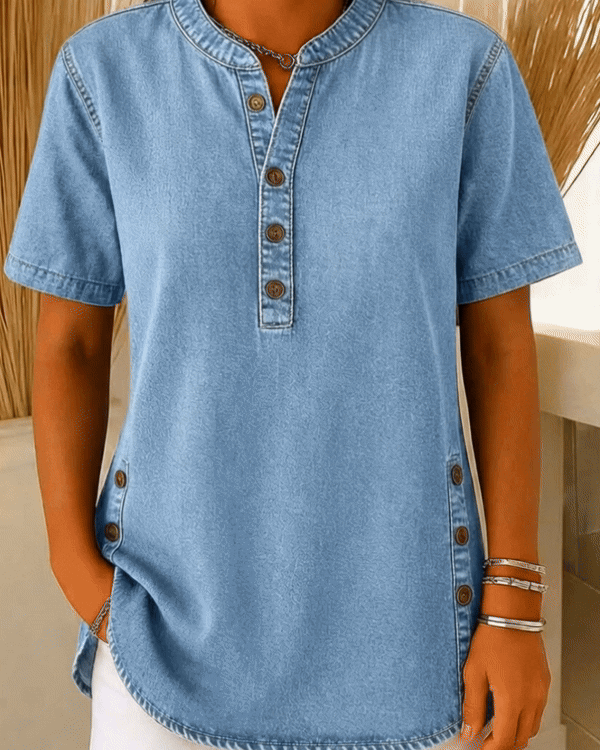 Women's Loose Denim Top - V Neck Short Sleeve Casual Button Up Cotton Blouse