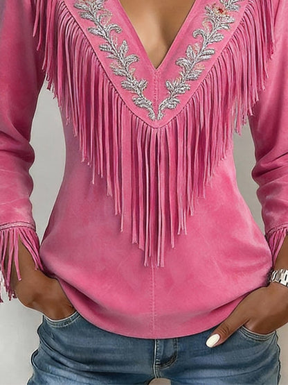 Women'S Vintage V-Neck Long-Sleeved Fringed Shirt