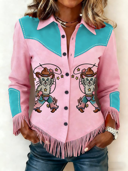 Women's Western Retro Tassels Print Vintage Tassel Long Sleeves Shirt