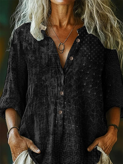 Women's Casual Retro Floral Cotton And Linen Shirt
