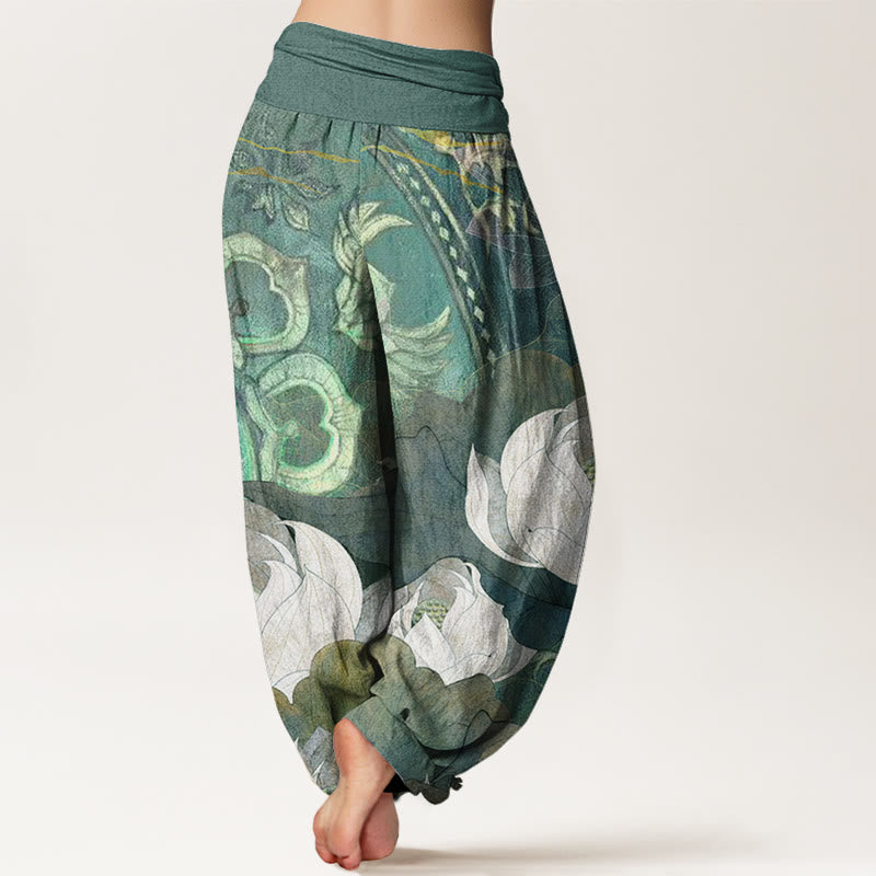 Buddha Stones Cotton White Lotus Leaves Pattern Casual Women's Elastic Waist Harem Pants