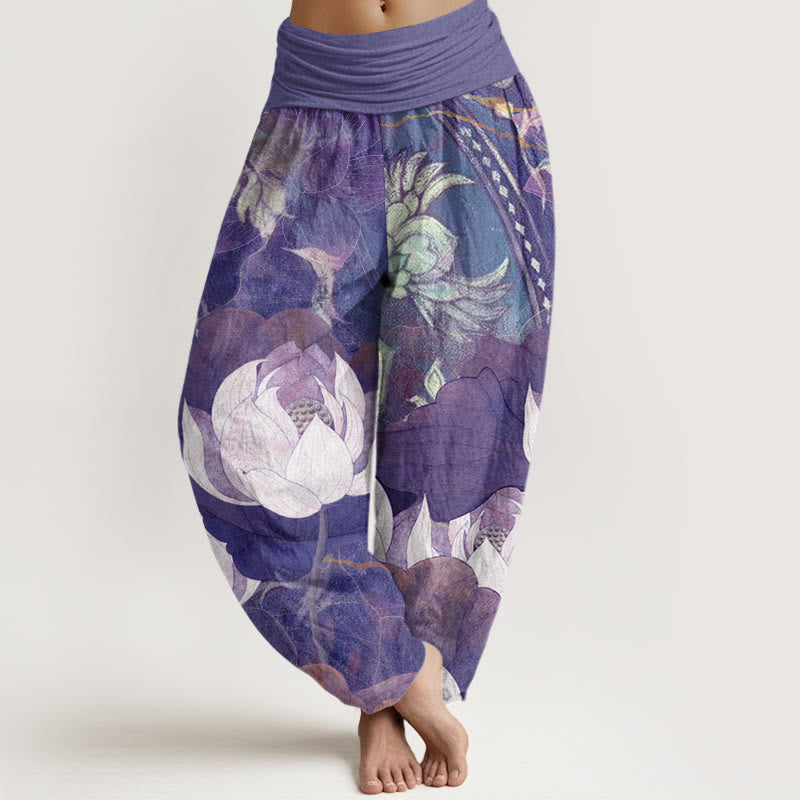 Buddha Stones Cotton White Lotus Leaves Pattern Casual Women's Elastic Waist Harem Pants