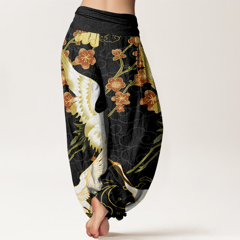 Buddha Stones Cotton Cranes Flowers Auspicious Clouds pattern Women's Elastic Waist Harem Pants