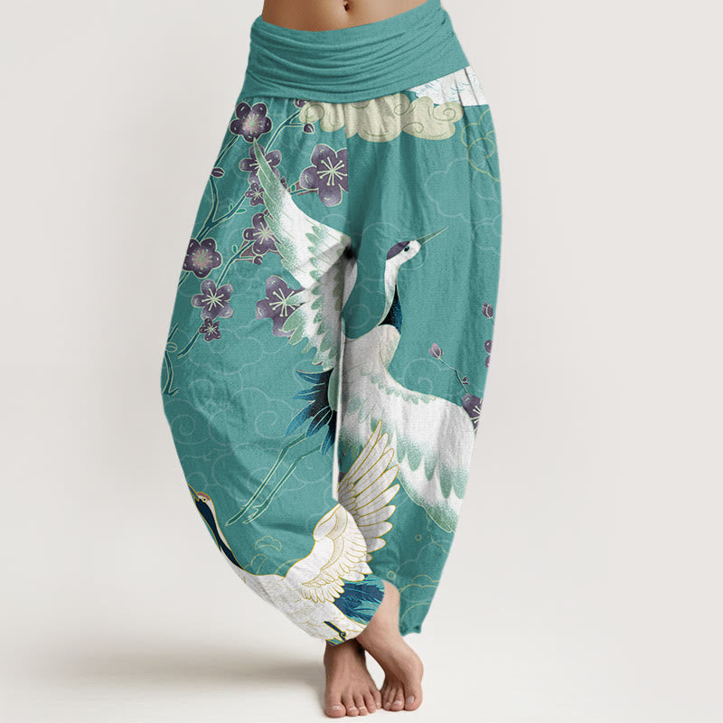 Buddha Stones Cotton Cranes Flowers Auspicious Clouds pattern Women's Elastic Waist Harem Pants