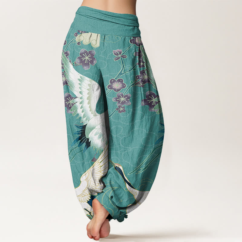 Buddha Stones Cotton Cranes Flowers Auspicious Clouds pattern Women's Elastic Waist Harem Pants