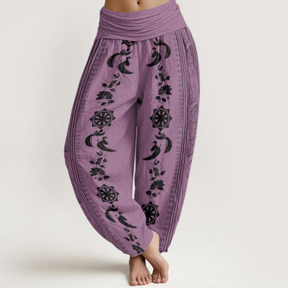 Buddha Stones Cotton Dharma Wheel Lotus OM Pattern Women's Elastic Waist Harem Pants