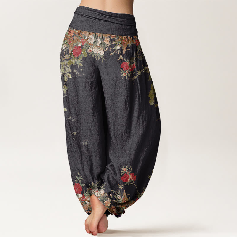 Buddha Stones Cotton Casual Red Peony Flower Vine Design Women's Elastic Waist Harem Pants