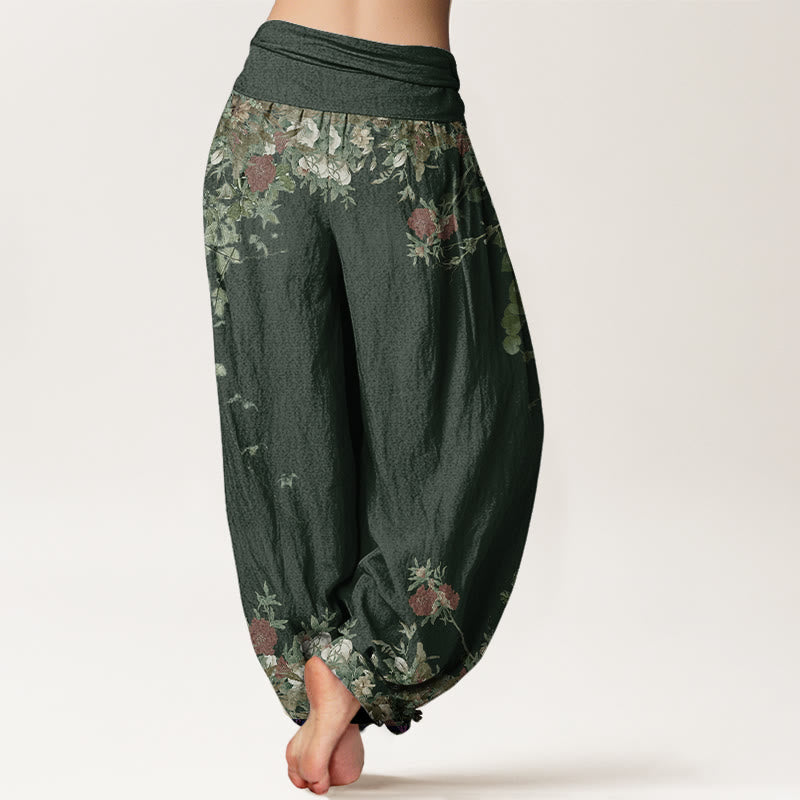 Buddha Stones Cotton Casual Red Peony Flower Vine Design Women's Elastic Waist Harem Pants