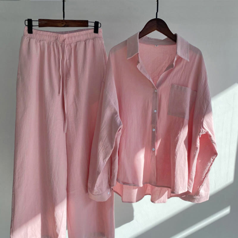 Buddha Stones 2Pcs Long Sleeve Shirt Top With Pockets Drawstring Pants Meditation Cotton Clothing Women's Set
